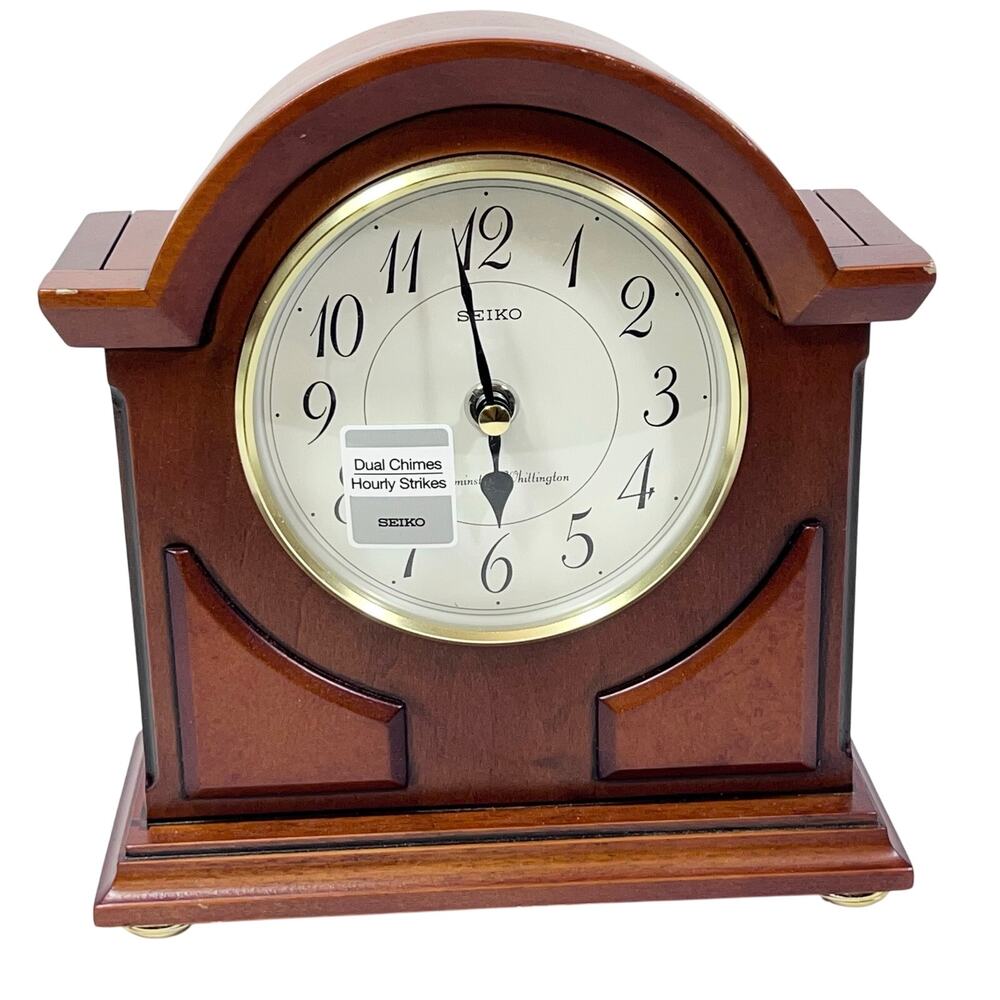 Seiko Sayo Brown Wood Gold Mantel Clock Dual Chimes Westminster QXJ012BLH New
